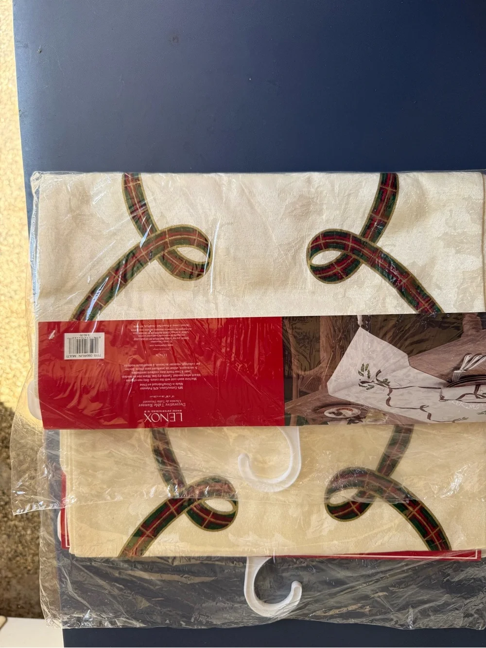 Lenox Ivory Table Runner with Red & Green Plaid Ribbon Accents